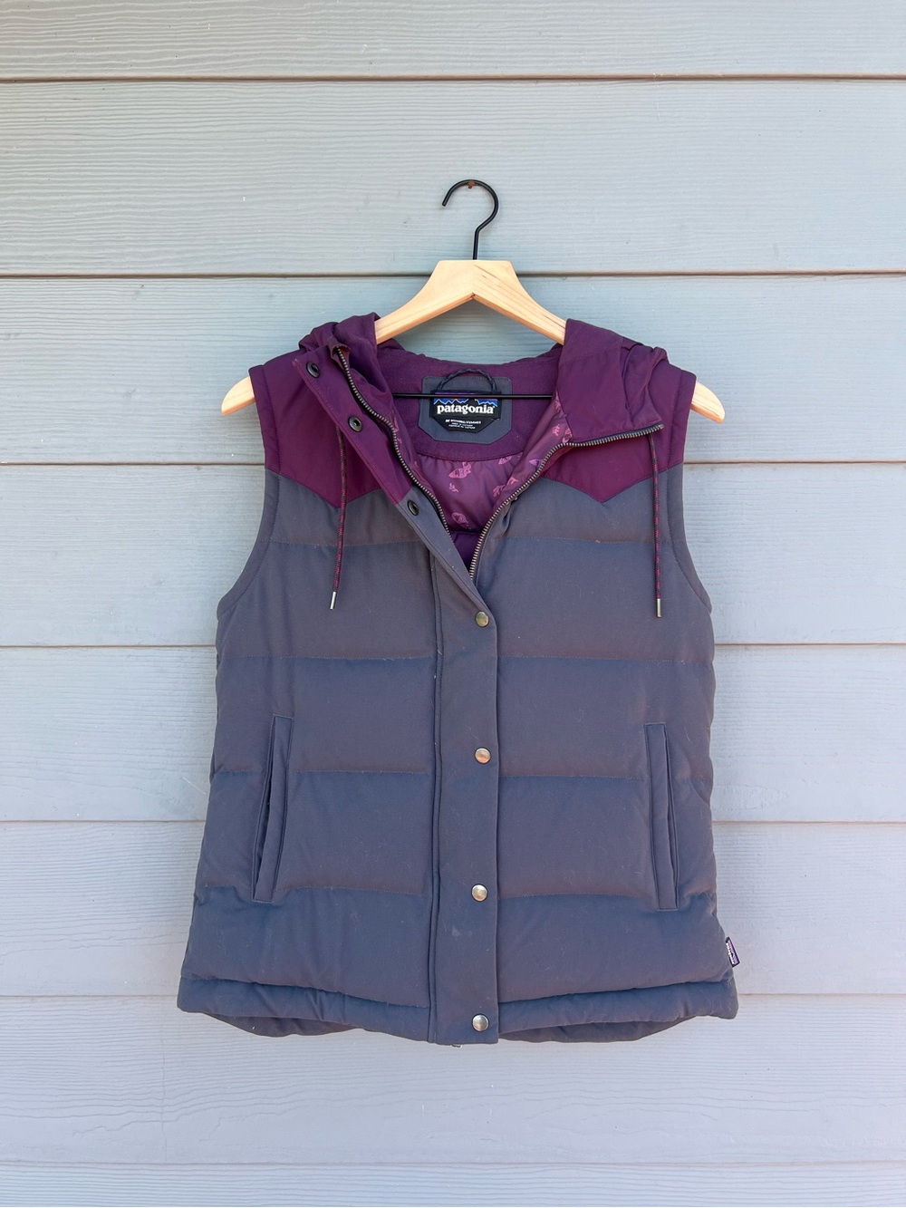 Patagonia Women's Hooded Down Bivy Vest - Smolder Blue and Plum - Medium